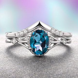 Celtic Natural London Blue Topaz Ring Set- Sterling Silver