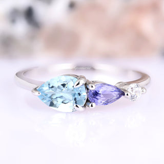 Aquamarine and Tanzanite Dainty Engagement Ring in 14K White Gold
