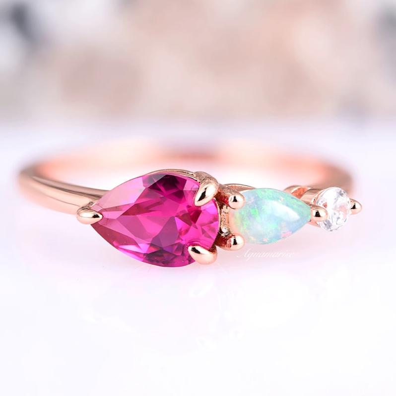 Pear Cut Ruby & Australian Opal Ring- 14K Rose gold Vermeil