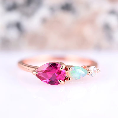 Vintage Red Ruby Opal Ring- Pear Cut Engagement Ring Art Deco Unique Wedding Band-3 Stone Unique Women Bridal Promise Ring Rose gold Vermeil