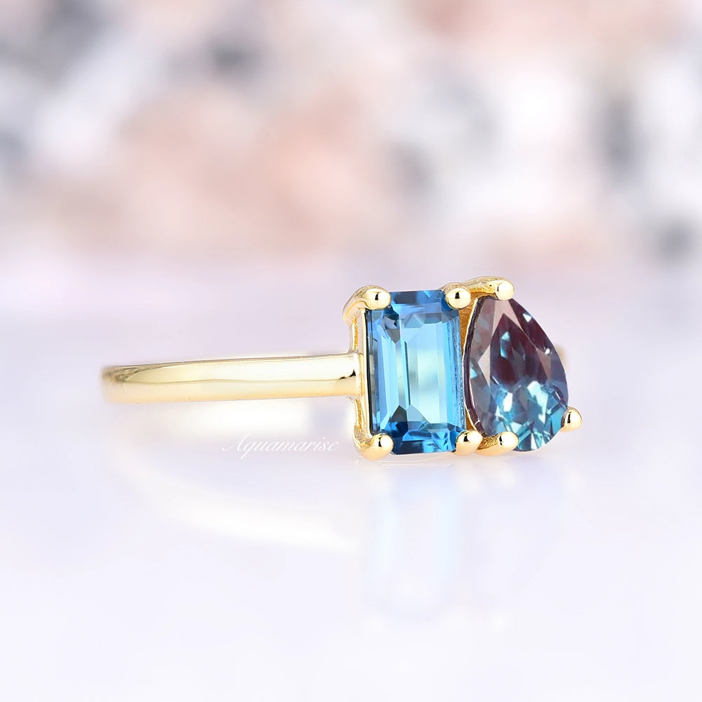 'Toi Et Moi' Alexandrite & London Blue Topaz Ring- 14K Solid Yellow Gold