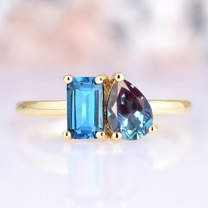 'Toi Et Moi' Alexandrite & London Blue Topaz Ring- 14K Yellow Gold Vermeil