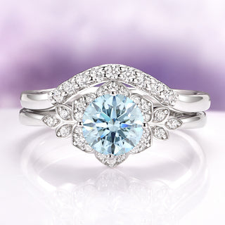 Jasmine Round Cut Aquamarine Flower Engagement Ring Set in 14K White Gold