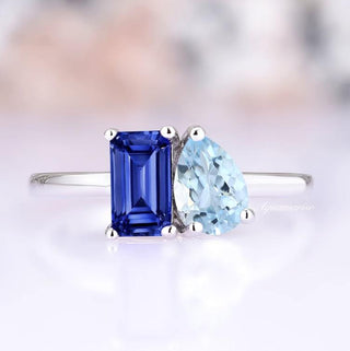 Toi Et Moi Blue Sapphire and Aquamarine Ring in Sterling Silver