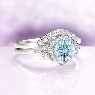 Jasmine Round Cut Aquamarine Flower Engagement Ring Set in 14K White Gold