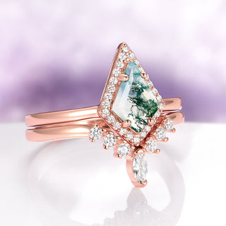 Mountain Range Green Moss Agate Couples Ring Set