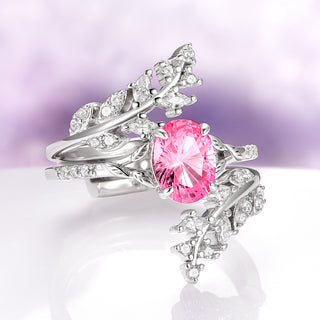 Fireworks Cut Lab-Grown Pink Sapphire Leaf Engagement Ring Set in Sterling Silver