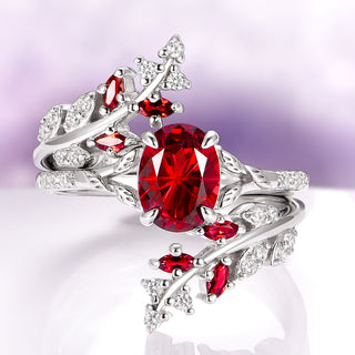Fireworks Cut Natural Red Garnet Leaf Engagement Ring Set in 14K White Gold