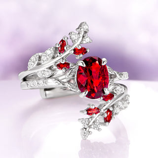 Fireworks Cut Natural Red Garnet Leaf Engagement Ring Set in 14K White Gold