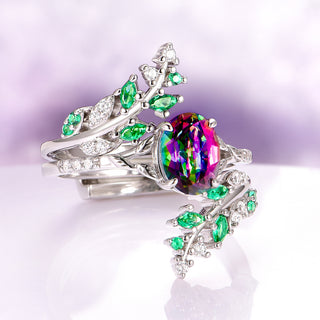 Mystic Topaz & Emerald Fairy Leaf Ring Set in Sterling Silver