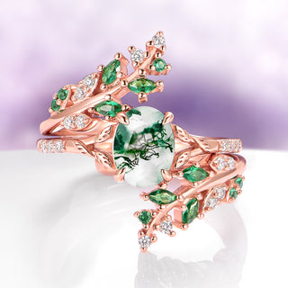 Green Moss Agate & Emerald Leaf Engagement Ring Set in 14K Solid Rose Gold