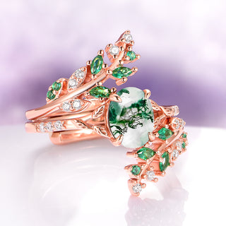 Green Fire Opal & Moss Agate Leaf Couples Ring Set