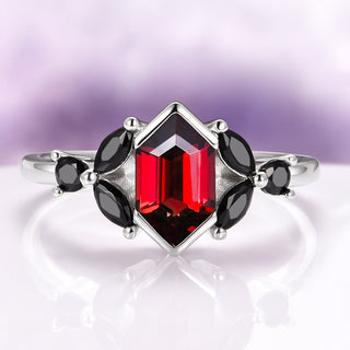 Hexagon Natural Red Garnet & Black Onyx Ring in Sterling Silver
