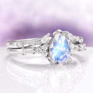 Teardrop Natural Moonstone Engagement Ring Set in 14K White Gold