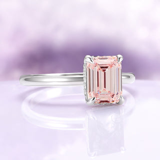 Emerald Cut Morganite Engagement Ring in Sterling Silver (Hidden Halo)