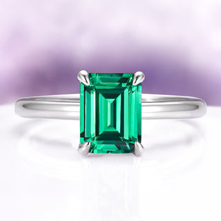 Emerald Cut Emerald Engagement Ring in Sterling Silver (Hidden Halo)