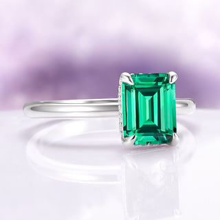 Emerald Cut Emerald Engagement Ring in Sterling Silver (Hidden Halo)