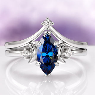 Midnight Blue Moissanite Crescent Moon Engagement Ring Set in Sterling Silver