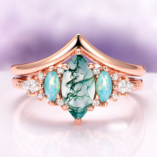 Emerie Moss Agate & Opalescent Sapphire Engagement Ring Set in 14K Solid Rose Gold