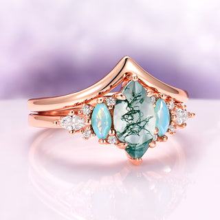 Emerie Moss Agate & Opalescent Sapphire Engagement Ring Set in 14K Solid Rose Gold