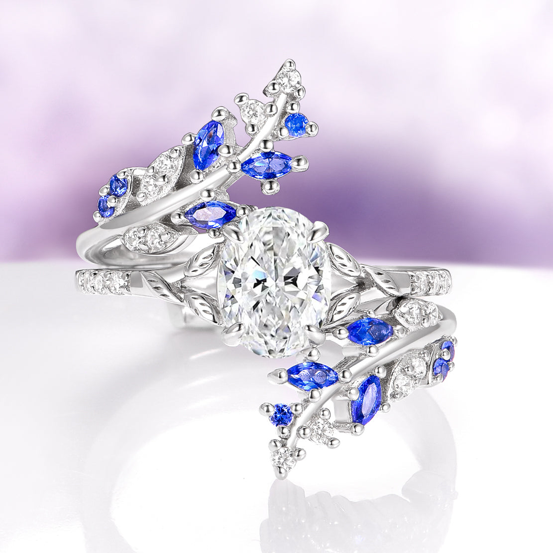Lab-Grown Diamond Blue Sapphire Leaf Engagement Ring Set in 14K