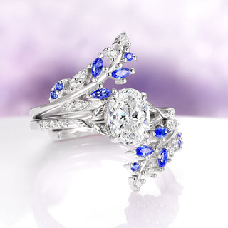 Oval Cut Moissanite & Blue Sapphire Leaf Engagement Ring Set in 14K White Gold