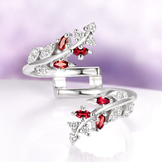 Fireworks Cut Natural Red Garnet Leaf Engagement Ring Set in 14K White Gold