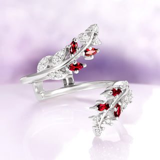 Fireworks Cut Natural Red Garnet Leaf Engagement Ring Set in 14K White Gold