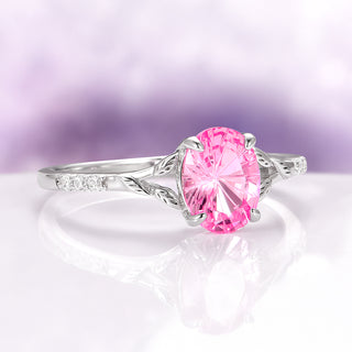 Fireworks Cut Lab-Grown Pink Sapphire Leaf Engagement Ring Set in Sterling Silver