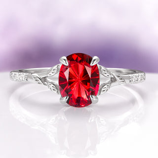 Fireworks Cut Natural Red Garnet Leaf Engagement Ring Set in 14K White Gold