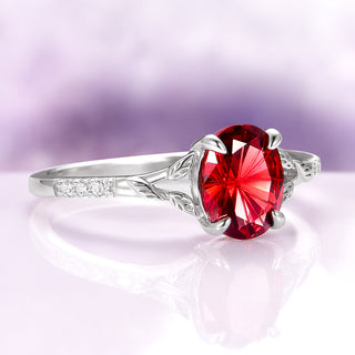 Fireworks Cut Natural Red Garnet Leaf Engagement Ring Set in 14K White Gold