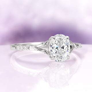 Oval Cut Moissanite & Blue Sapphire Leaf Engagement Ring Set in 14K White Gold