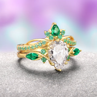 Feyra Emerald & Moissanite Engagement Ring Set- 14K Solid Yellow Gold