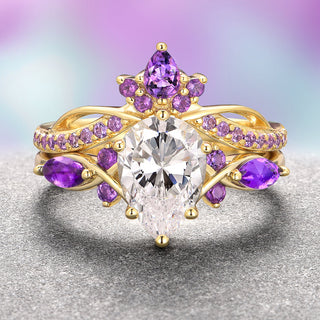 Feyra Lab-Grown Diamond & Amethyst Ring Set- 14K Solid Yellow Gold (IGI Certified)