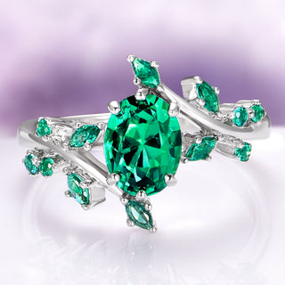 Emerald Leaf Engagement Ring in Sterling Silver