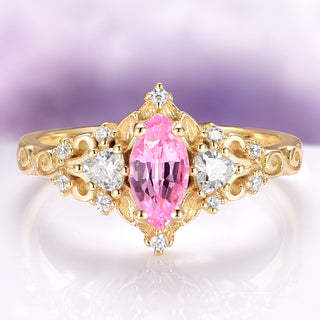 Elain Marquise Pink Sapphire Fairy Leaf Engagement Ring in 14K Solid Yellow Gold