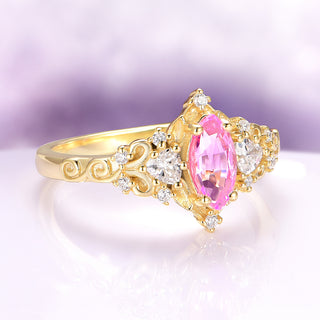 Elain Marquise Pink Sapphire Fairy Leaf Engagement Ring in 14K Solid Yellow Gold