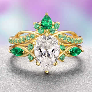 Feyra Emerald & Moissanite Engagement Ring Set- 14K Solid Yellow Gold