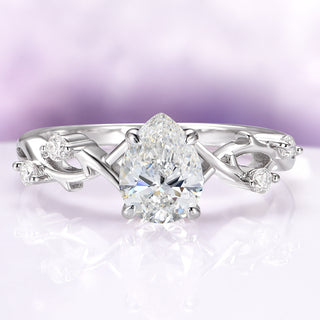 Teardrop Moissanite Leaf Engagement Ring in Sterling Silver