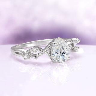 Teardrop Moissanite Leaf Engagement Ring in Sterling Silver