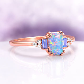 Light Blue Fire Opal & Opalescent Sapphire Engagement Ring in 14k Rose Gold Vermeil