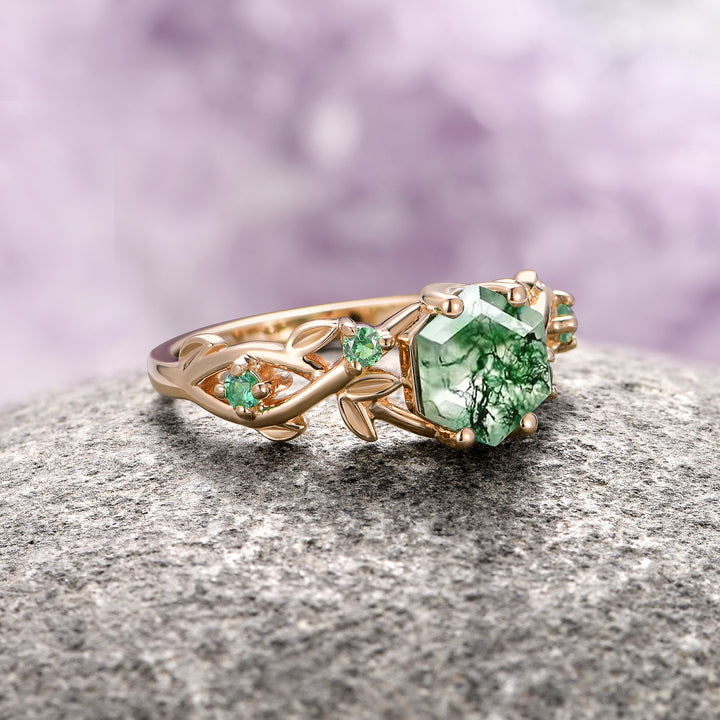 Woodland Green Moss Agate & Emerald Leaf Engagement Ring- 14K/ 18K Solid Yellow Gold