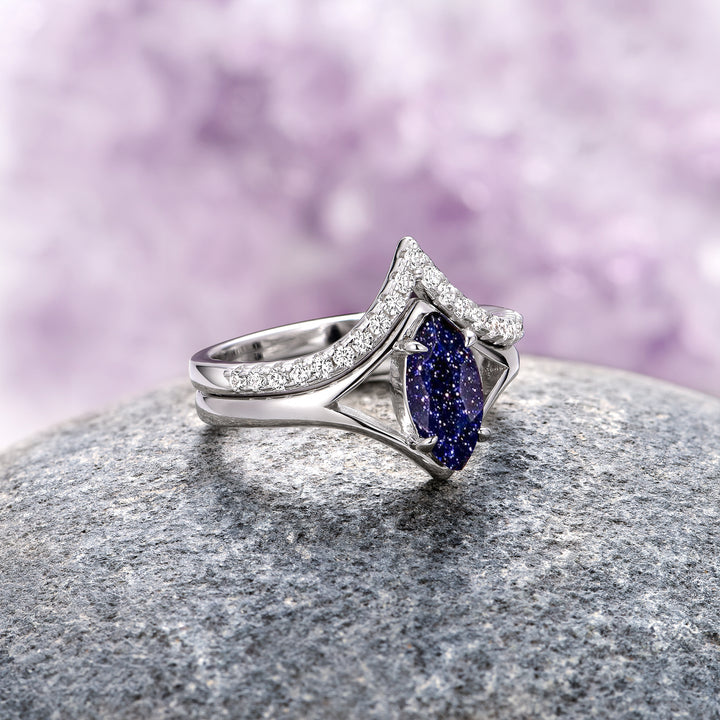 Starry Night Chevron Engagement Ring Set- Sterling Silver