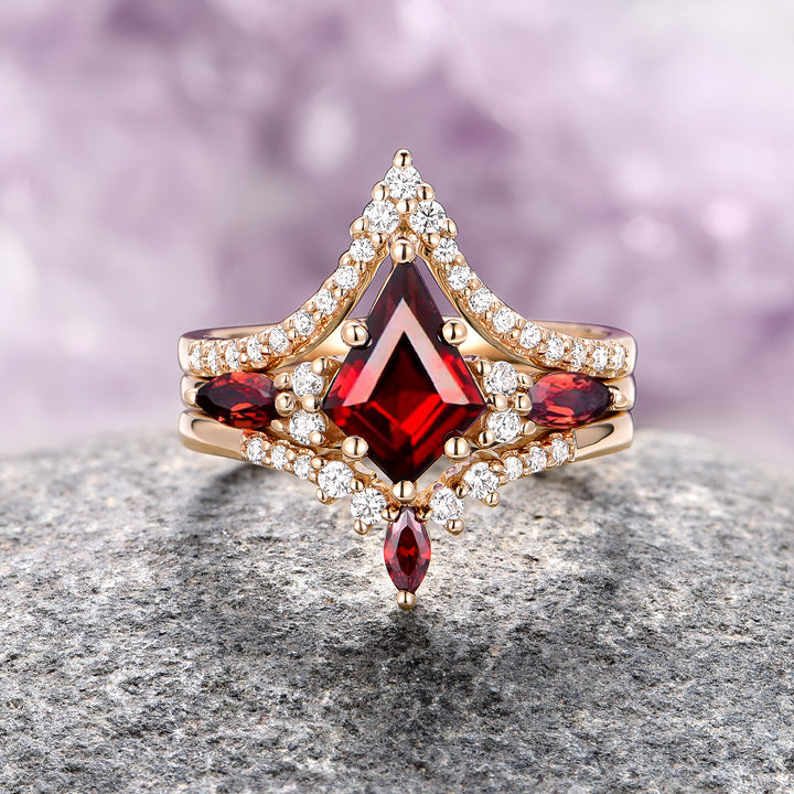 Skye Kite™  Natural Red Garnet Ring Set- 14K Solid Yellow Gold (3-piece)