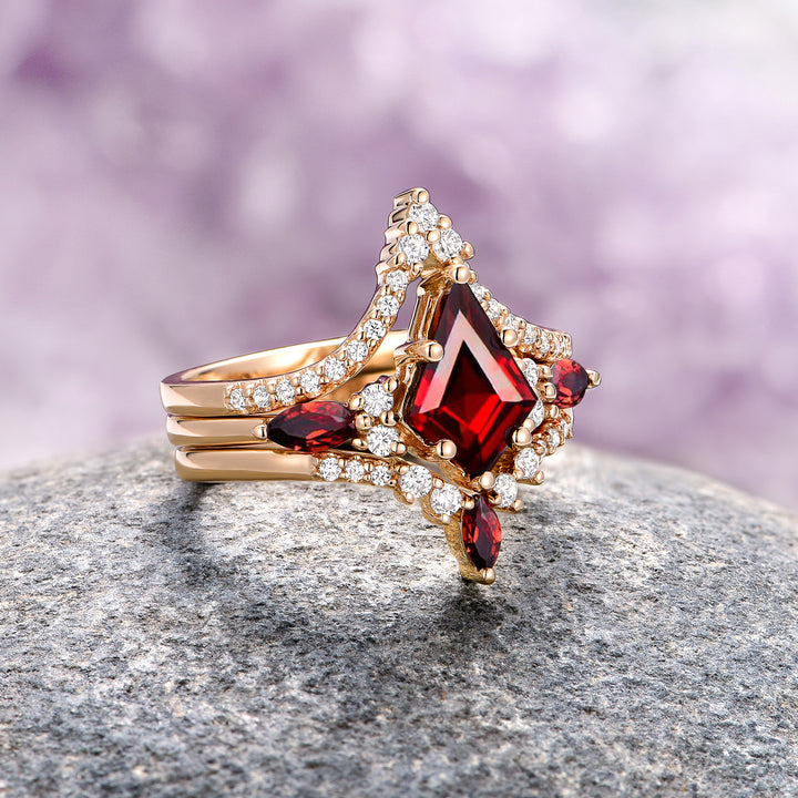 Skye Kite™  Natural Red Garnet Ring Set- 14K Solid Yellow Gold (3-piece)