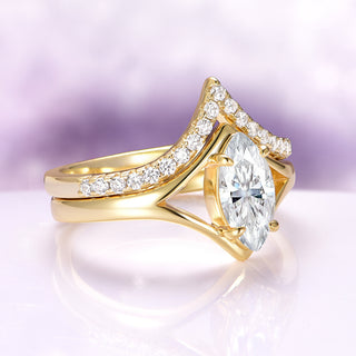 Marquise Cut Moissanite Engagement Ring Set in 14K Solid Yellow Gold