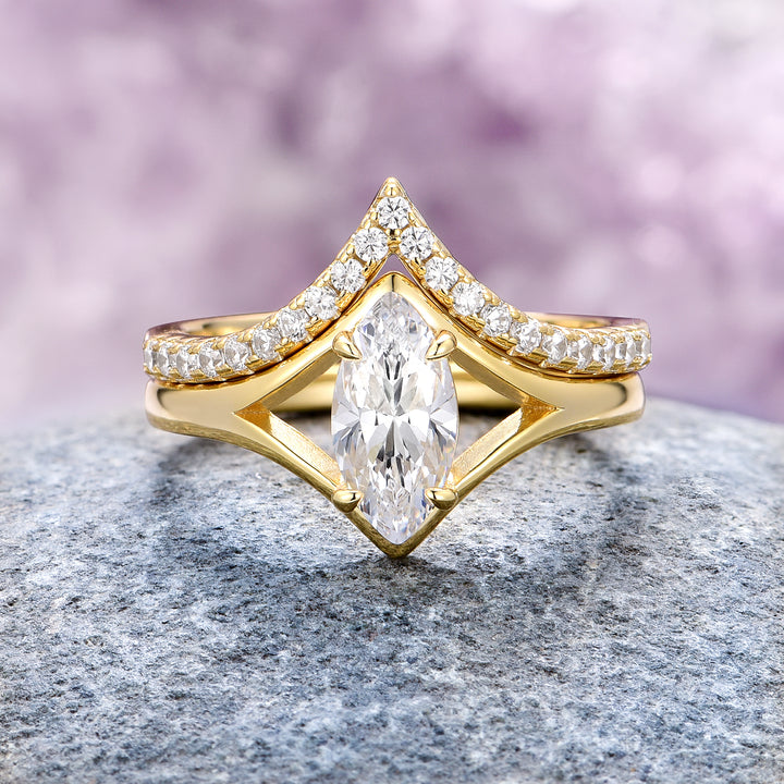 Marquise Cut Diamond Ring Set- 14K Solid Yellow Gold