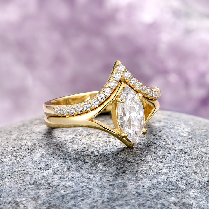 Marquise Cut Diamond Ring Set- 14K Solid Yellow Gold