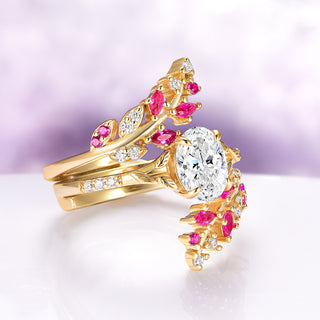 Simulated Diamond & Ruby Leaf Engagement Ring Set in 14K Yellow Gold Vermeil