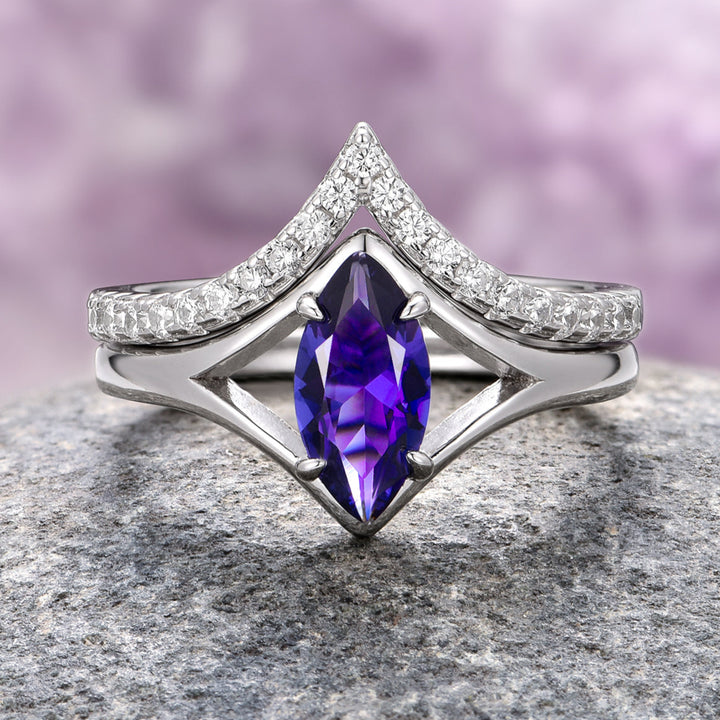 Natural Tanzanite Chevron Ring Set- 14K White Gold (two-piece)